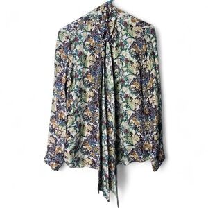 Zara Bow Top Blouse Silk Blend Floral Pattern Sz S